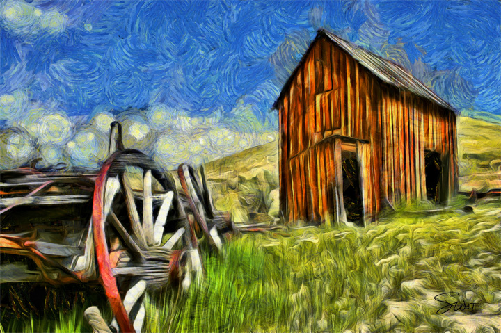 ghost town gogh with barn by scott west art