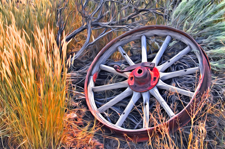 lost wagon wheel in sage brush by scott west art