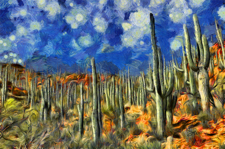 starry desert night cactus by scott west art